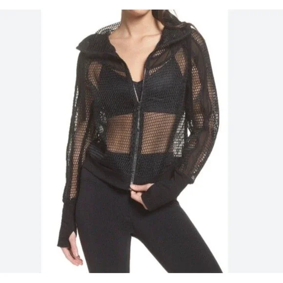 ALO Yoga  Women’s  Mesh Fortuna Hoodie Jacket  Black Sz L - Picture 2 of 13